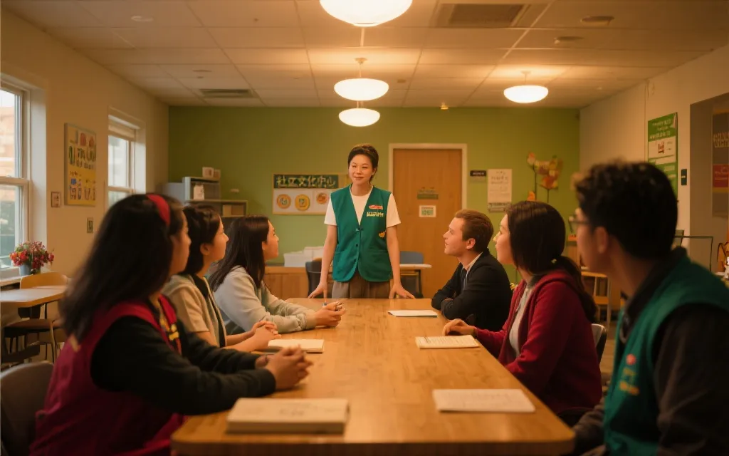 社区邻里中心举办文化交流与语言互助活动，志愿者在桌旁引导对话