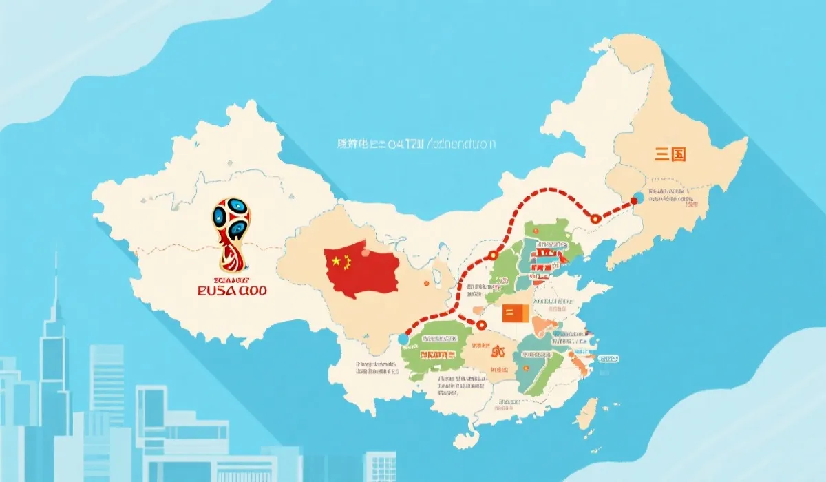 三国多城串联的世界杯旅行路线示意，地图感构图与夏季色调