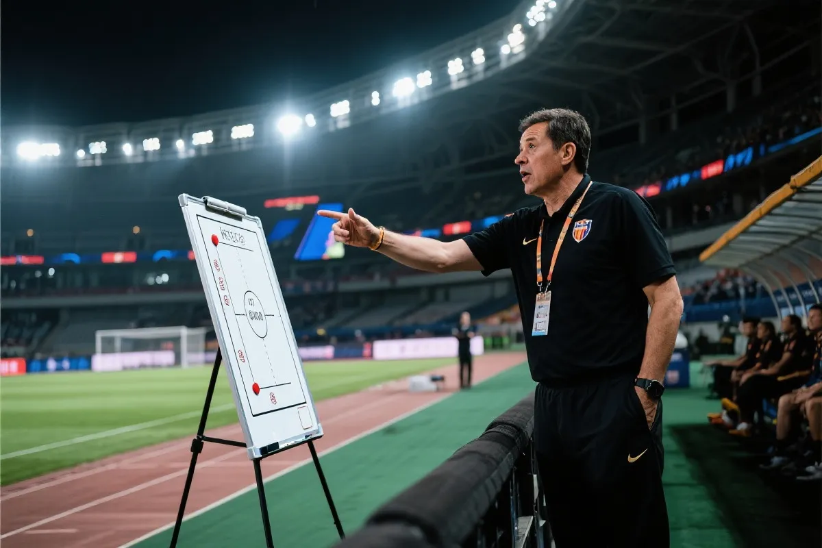 教练在场边指挥、战术板与球场灯光的电影感画面