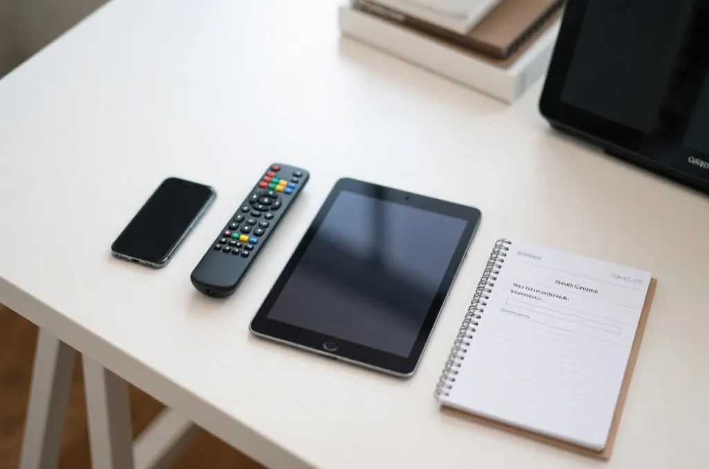 桌面上摆放着遥控器、手机和笔记本，象征赛前检查