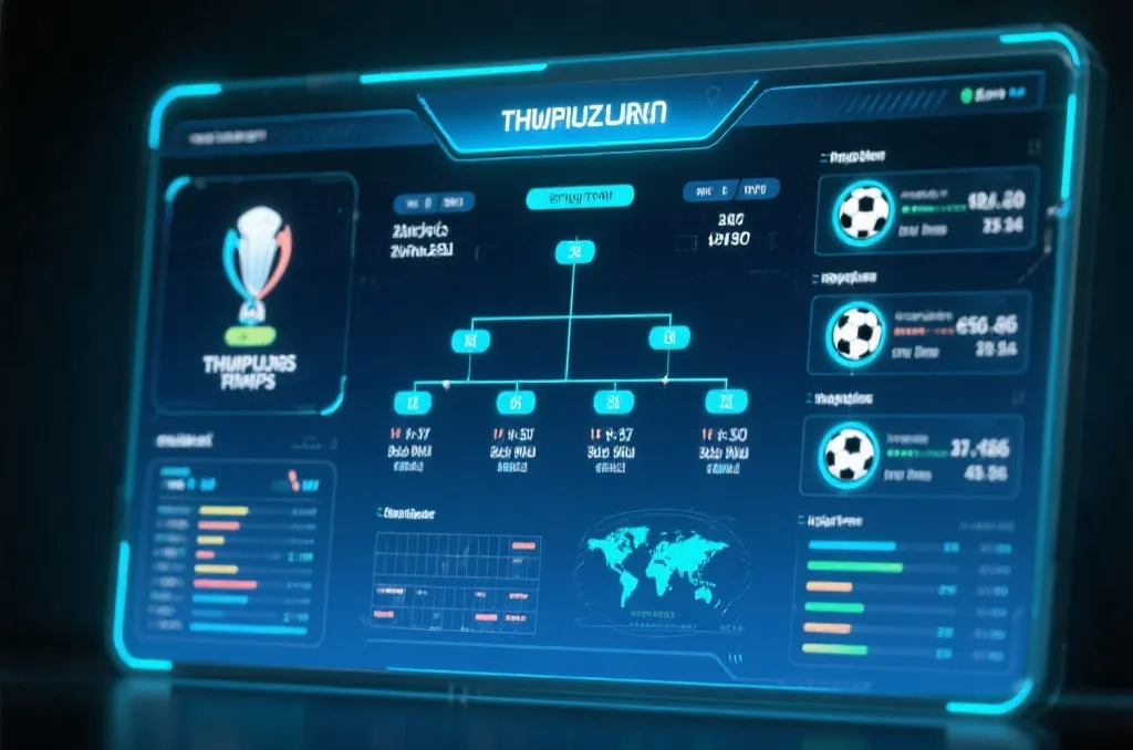 An abstract digital dashboard showing tournament progression brackets and global soccer statistics on a glowing screen
